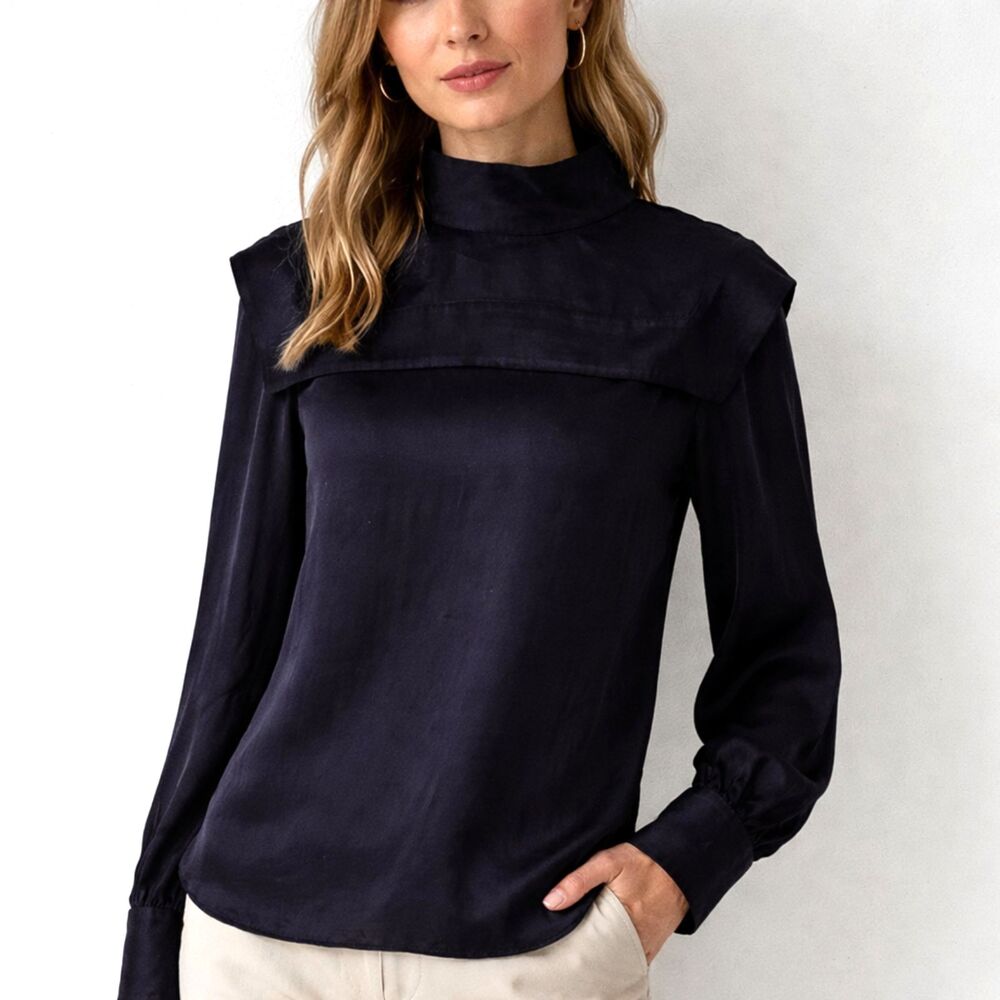 Massimo Dutti Women Dark Blue Blouse Size 4 High Neck Bib Detail Long Sleeve